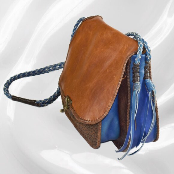 Artisan Designed Handcrafted Brown Blue Multi Style Leather Shoulder Bag - Picture 5 of 13